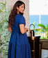 Puffed Sleeve Linen Blue Dress